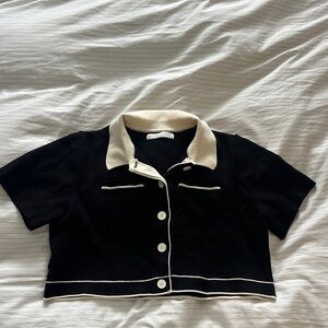 Oak & Fort Cropped Knit Contrast Trim Top